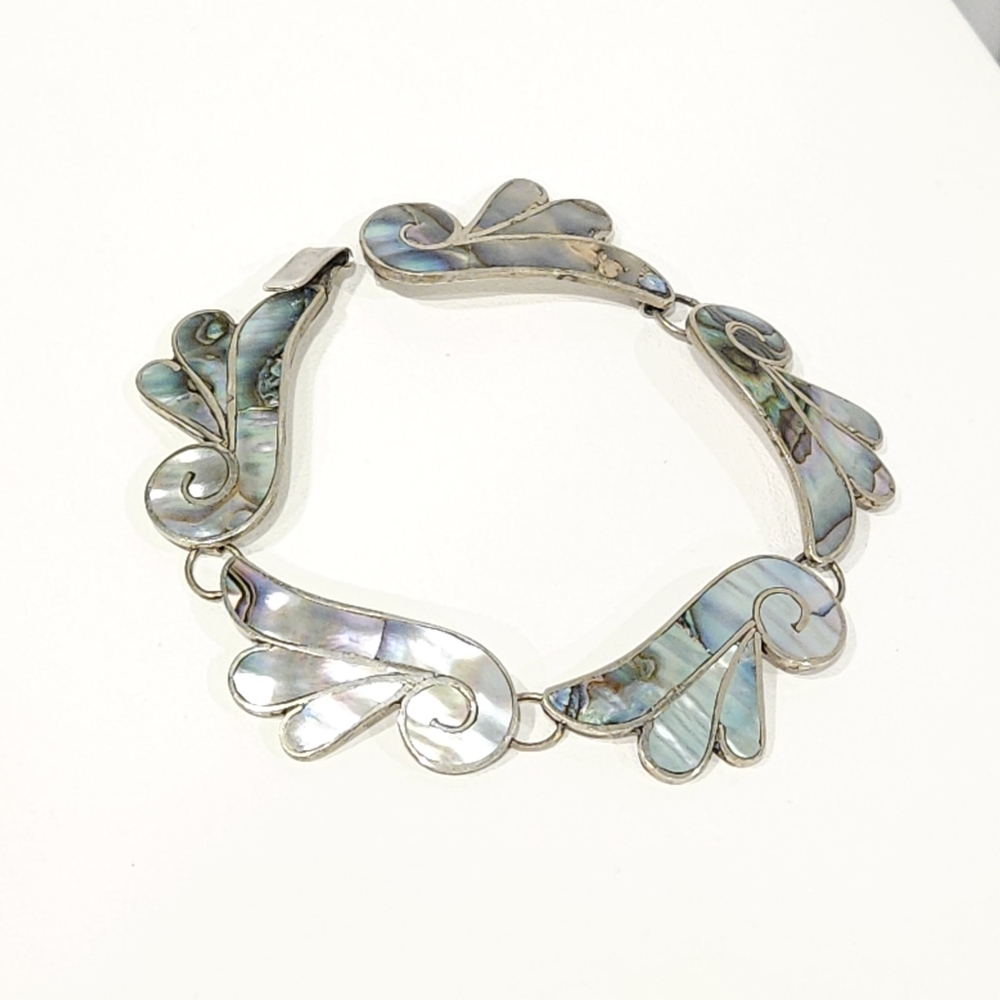 Vintage Taxco Abalone Sterling Silver 925 Midcentury Modern Link Bracelet 7.75"